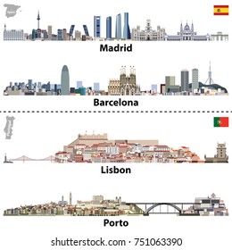 vector illustrations of Madrid, Barcelona, Lisbon and Porto city skylines.
Maps and flags of Spain and Portugal vector illustrations of Madrid, Barcelona, Lisbon and Porto city skylines.
Maps and flags of Spain and Portugal