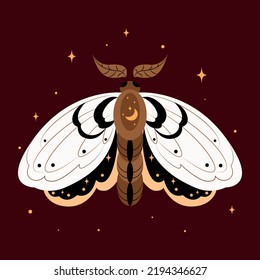 Vector illustrations of magical moth, drawn mystical doodle design element, set of magic and witchcraft in doodle style, Boho moth banner, drawn Halloween design element, drawn mystical doodle