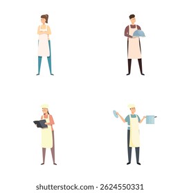 Vector illustrations of male and female chefs cooking, holding dishes, and with clipboards