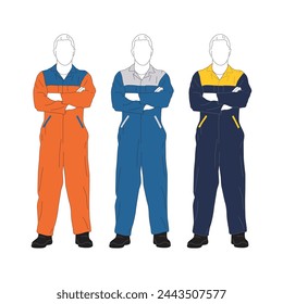 Vector illustrations of male worker, workwear uniform in three colors