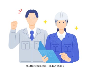 Vector Illustrations of Male Workers Making a Victory Pose and Female Workers Inspecting with Helmets at Work Sites