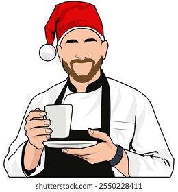 Vektorgrafiken Mann Koch mit Tasse. Der Karikaturenkoch trägt einen Weihnachtsmannhut und serviert Speisen. Eine Tasse Tee zum Thema Weihnachten. Kitchener freut sich, Weihnachten begrüßen zu dürfen. Feliz Navidad kocht.