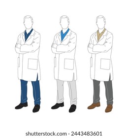 vector illustrations of man in long white coat or lab coat as doctor, scientist or laboratory researcher