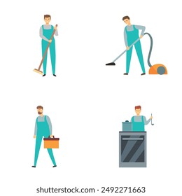 Vector illustrations of a man performing various cleaning tasks with tools and equipment