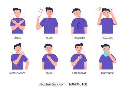 Vector illustrations of a man suffering from symptoms of the cold and flu. Symptoms: chills, fever, tiredness, headaches, muscle aches, cough, sore throat, runny nose isolated on white background.