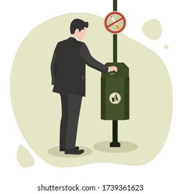 Vector illustrations of a man throwing his cigarette in the trash with a no smoking pole. Suitable for World No Tobacco Day, Social media post template, Poster, Footage animation, Motion Graphic, Etc