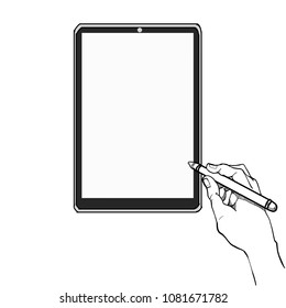 vector illustrations  man's hands hold Tablets, smartphone and touches screen. drawing simply and copy-space for Text.  