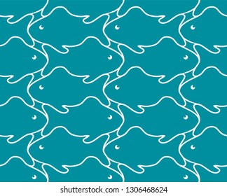 Vector illustrations of many fishes on blue background. Seamless background with pictures of multi-colored sea inhabitants. Trend colors for design. Flat design.