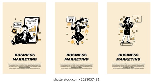 Vector illustrations of marketers celebrating social media growth, viral success, and giving public presentations. Perfect for web, branding, and business marketing visuals