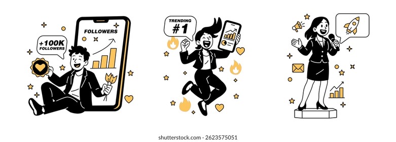 Vector illustrations of marketers celebrating social media growth, viral success, and giving public presentations. Perfect for web, branding, and business marketing visuals