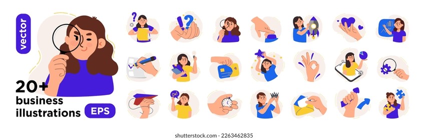 Ilustraciones vectoriales para marketing. Escenas con personajes en la oficina. Para aplicaciones, sitios web, afiches. En un estilo vectorial de moda