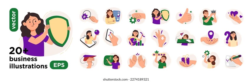 Ilustraciones vectoriales para marketing. Escenas con personajes en la oficina. Para aplicaciones, sitios web, afiches. En un estilo vectorial de moda