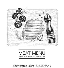 Ilustraciones vectoriales con carne, pimienta, tomate