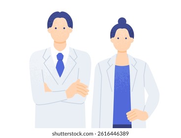 Vector Illustrations of Medical Staff Working at University Hospitals and Clinics featuring Male and Female Doctors in White Coats
