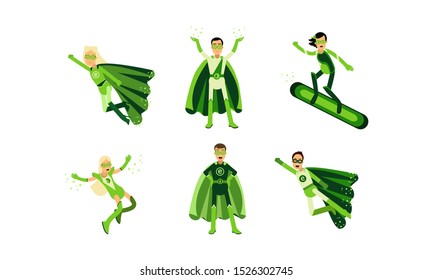 Vector Illustrations Of Men And Women In Green Superheroe Costumes With Ecological Signe