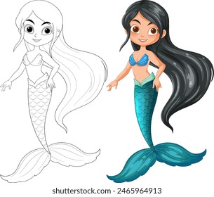 Vector illustrations of a mermaid in two styles