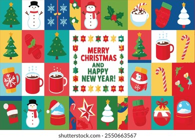 Vector illustrations with a Merry Christmas and Happy New Year, modern geometric abstract illustration of Santa Claus, Christmas tree, fir tree toys and balls, easily editable