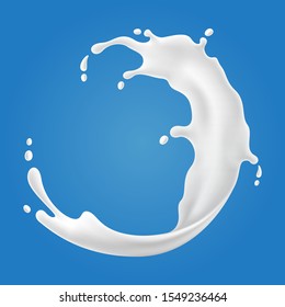 Vector illustrations of milk splash and pouring, realistic natural dairy products, yogurt or cream, isolated on blue background.