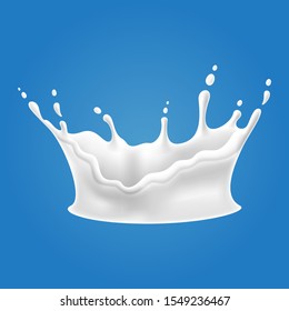Vector illustrations of milk splash and pouring, realistic natural dairy products, yogurt or cream, isolated on blue background.