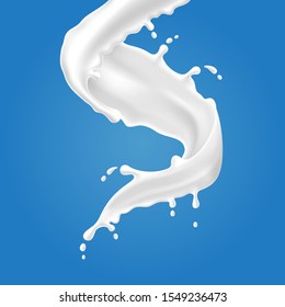 Vector illustrations of milk splash and pouring, realistic natural dairy products, yogurt or cream, isolated on blue background.