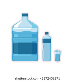"Flache Vektorgrafiken von Mineralwasser in Brillen, Flaschen und Gallonenverpackungen