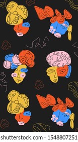 Vector illustrations in minimal linear style with abstract girls, minimalistic modern art,  t-shirt print, beauty and fashion concept, colorful pattern.
