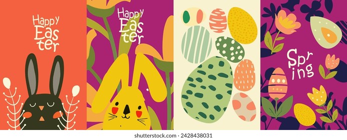 Vector illustrations with a minimalist approach, featuring cute rabbits, patterned Easter eggs, and spring flowers with 'Happy Easter' and 'Spring' messages.