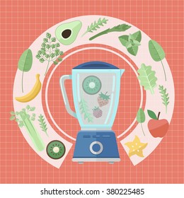 Vector illustrations of mixer with fruit and vegetables.