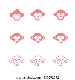 Vector illustrations of monkey. Simple geometric icons, line art. Set of outline monkeys and emblems design elements for logo. Unique illustration for design.