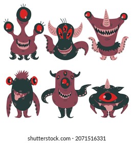 Vector illustrations of monsters and aliens. Idea for postcards, game industry, stickers, T-shirts, invitations, children's books, souvenirs, websites, decoration and paper products. Set