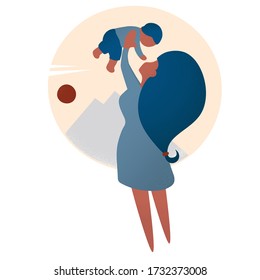 A vector illustrations. A mother holds her baby son, picks him up. Happy Mother Day concept