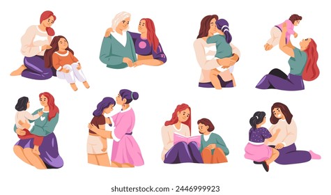 Vector illustrations of mothers and daughters in bonding moments, colorful, isolated on white.