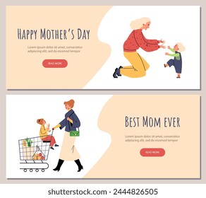 Vector illustrations for Mother's Day, highlighting joyful moments of motherhood including a warm embrace and grocery shopping with a child.