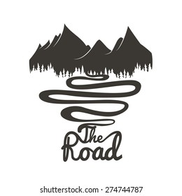 Vector illustrations with mountains, forest and road. Inspirational and motivational poster
