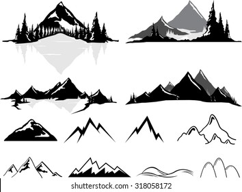 Vector illustrations of mountains and hills, some realistic, some stylized. All objects can be un-grouped and easily moved around. If you want to move or copy an element it is very easy to do so.