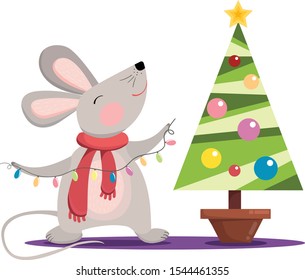 Vector illustrations mouse with Christmas lights, symbol of 2020. Decorates the christmas tree. A Chinise new year symbol mouse.