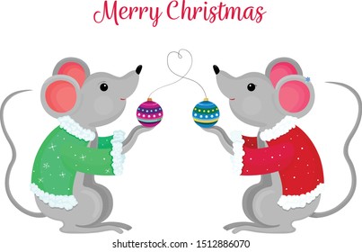 Vector illustrations mouse with Christmas toy, symbol of 2020. A Chinise new year symbol nouse. Mouse together with love.