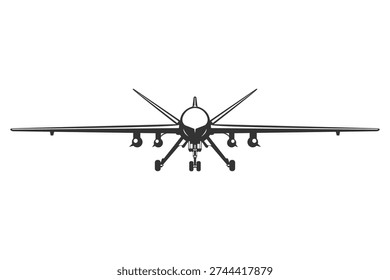 Vector illustrations MQ-9 unmanned aircraft in black and white color from ahead. Silhouette military drone design from front view. Monochrome drawing modern surveillance UAV.
