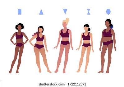 Vector illustrations of multiethnic characters body-positive female body types isolated on white background.