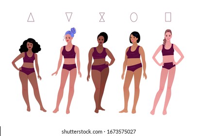 Vector illustrations of multiethnic characters female body types isolated on white background.