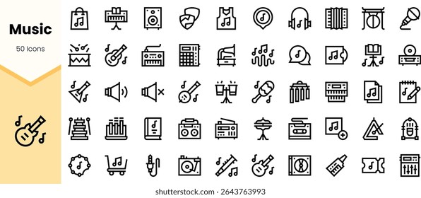 Vector illustrations of music icons, including instruments, notes, and audio equipment, in a clean, minimalist style for creative projects.