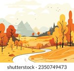 Vector illustrations of nature, autumn natural landscape, mountains, trees, river, fields for background or banner. Warm color, cute cartoon style