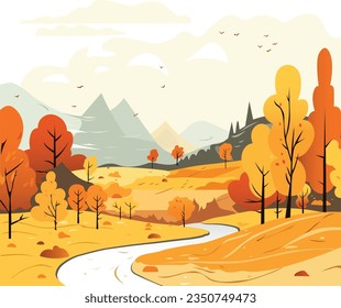 Vector illustrations of nature, autumn natural landscape, mountains, trees, river, fields for background or banner. Warm color, cute cartoon style