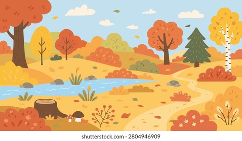 Vector illustrations of nature, autumn natural landscape, forest, trees, river, fields for background or banner. Warm color, cute cartoon style