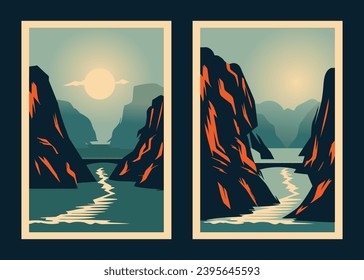 Ilustraciones vectoriales del paisaje natural, montaña árboles nubes de ríos y sol para fondo, pancarta