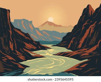 Ilustraciones vectoriales del paisaje natural, montaña árboles nubes de ríos y sol para fondo, pancarta