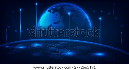 Vector illustrations of neon blue globe and hi tech hexagonal surface for futuristic digital technology background.