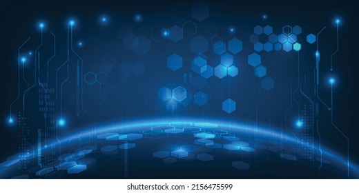 Vector illustrations of neon blue glowing earth with hexagon network and digital circuit futuristic digital communication innovation and technology for game develop and advertising artwork.