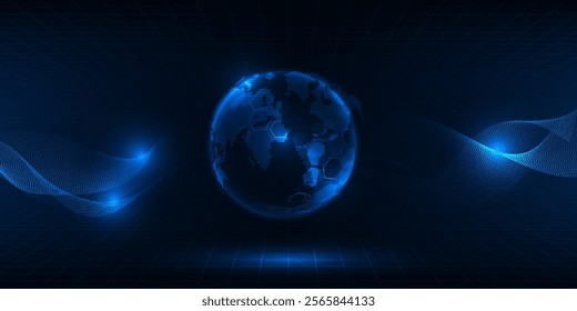 Vector illustrations of neon blue glowing globe on digital hi tech grid connecting wave form.Futuristic digital technology background.