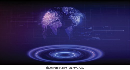 Vector Illustrations Of Neon Glowing Blue Purple Ring Stage For Showcase With Floating Hologram Sphere Earth Futuristic Technology Digital And Science Fiction Concepts.